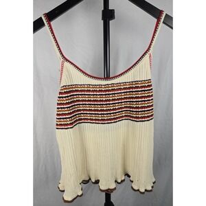 VTG Y2K XOXO Sweater Knit Tank Top L Ivory Striped Lettuce Hem Retro Festival